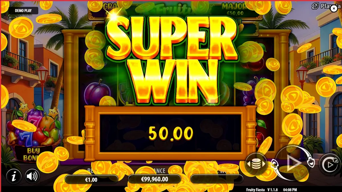 Tampilan visual slot Fruity Fiesta dengan tema neon dan buah-buahan